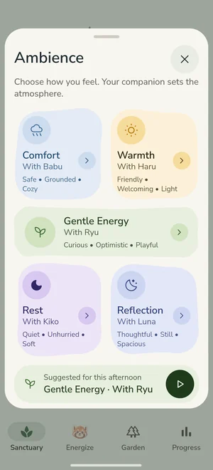 The Ambience sheet: five mood tiles, Comfort, Warmth, Gentle Energy, Rest and Reflection, each with its companion, and a mood suggested for the afternoon