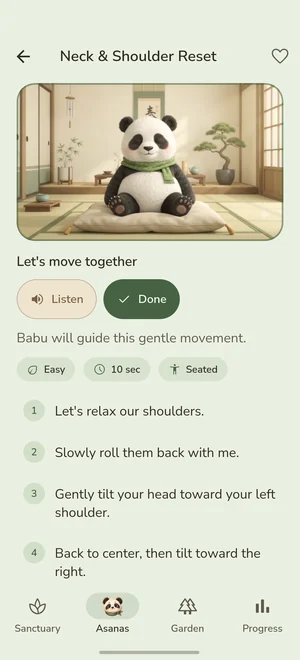 Babu's Neck & Shoulder Reset: a looping video of Babu, a Listen button and the steps to follow