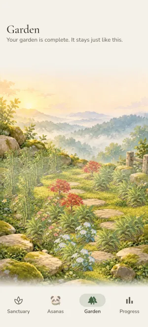The garden in full bloom after about three months: bamboo, ferns, meadow flowers, a red maple and moonflowers along a stone path