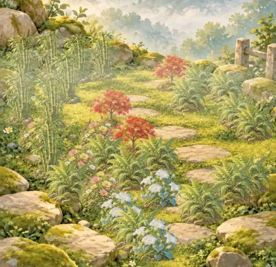 Close-up of a grown garden: bamboo, ferns, meadow flowers, red maples and pale moonflowers in drifts along a stone path