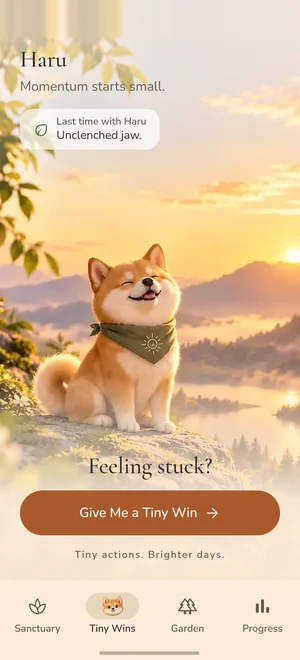 Haru the Shiba at sunset with a memory of last time, "Unclenched jaw", asking if you feel stuck, with a button for one tiny win