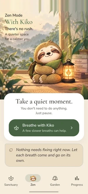 Kiko's Zen space: Kiko the sloth resting by a lantern, "Take a quiet moment", and a button to breathe with Kiko