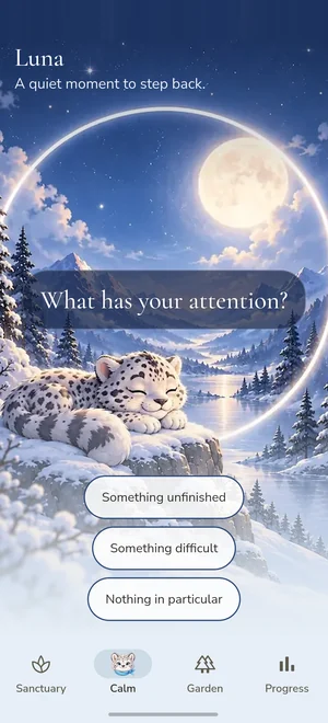 Luna asking what has your attention, with soft words to tap instead of typing