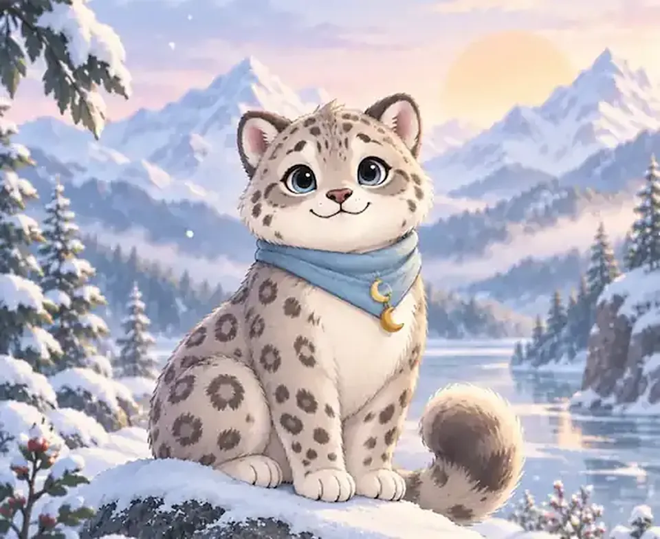 Luna the Snow Leopard in their painted scene
