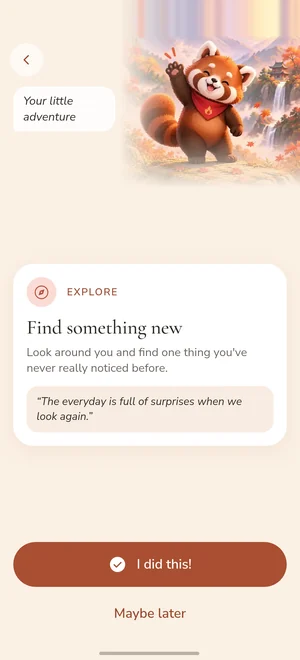 Ryu's little adventure card, "Find something new": look around and find one thing you've never really noticed, with I did this! and Maybe later