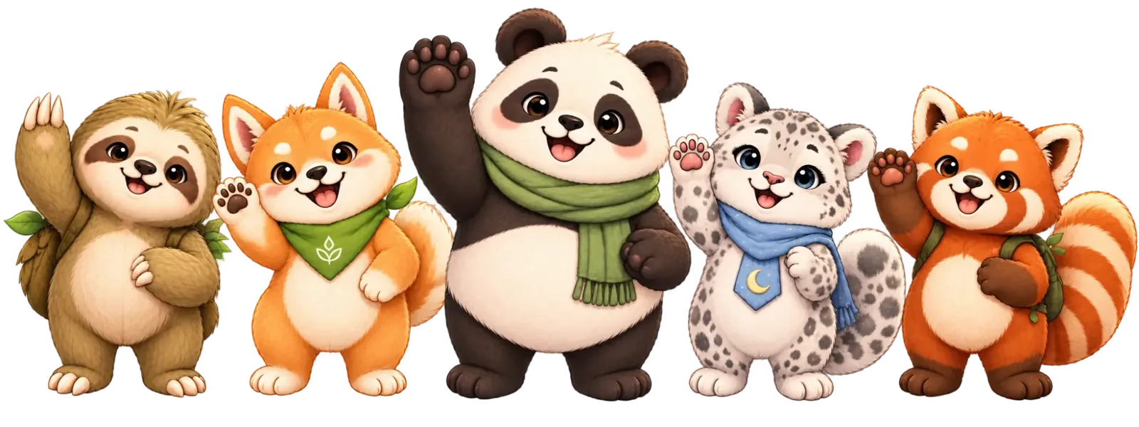The five AsanaPals companions waving: Kiko the sloth, Haru the shiba, Babu the panda, Luna the snow leopard and Ryu the red panda