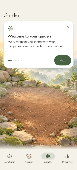 The Garden tab's first welcome card, "Welcome to your garden", over an empty patch of earth and stones